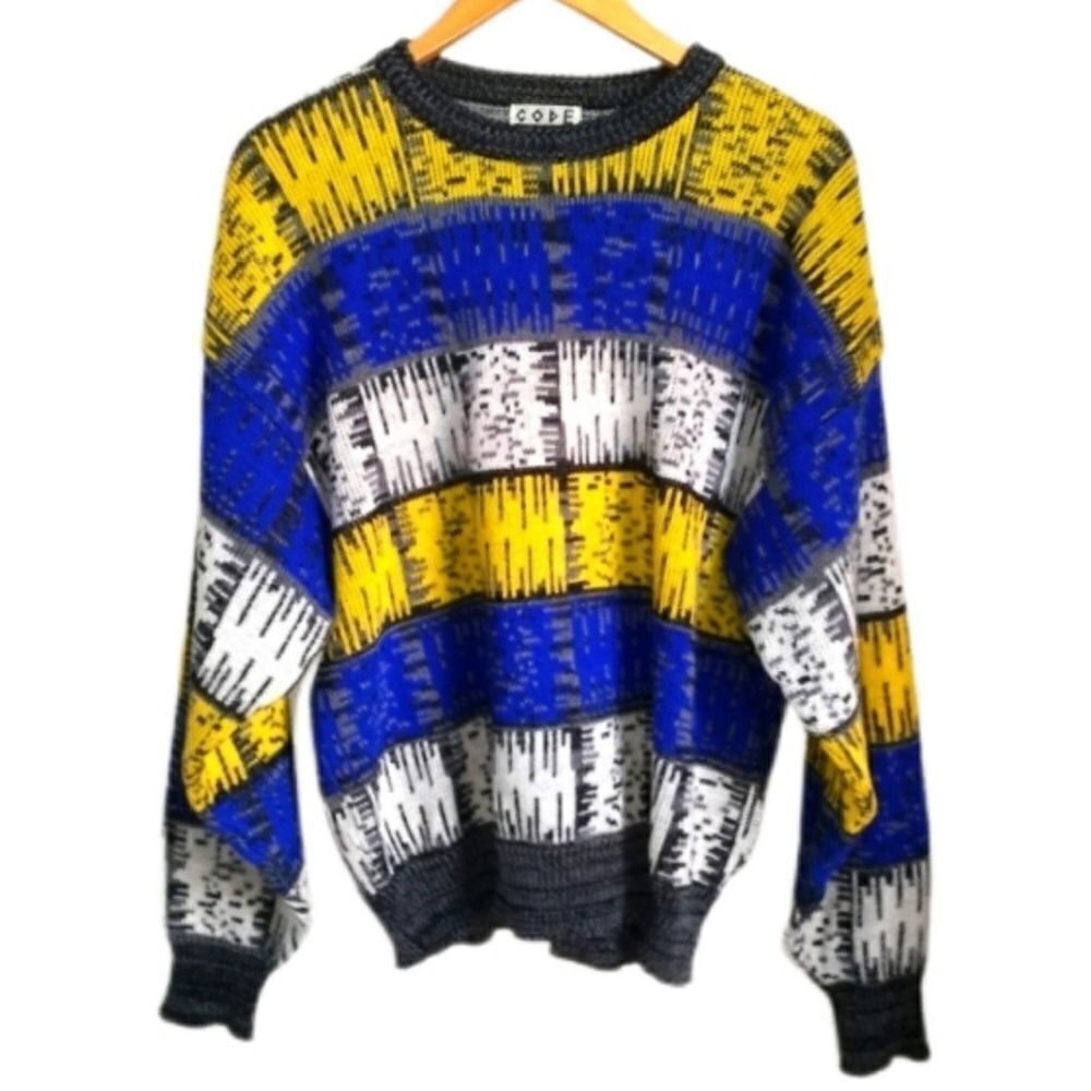 𝅺VINTAGE Y2K Primary Multicolored Stripes Knitted Crewneck Sweater Size XL - Picture 2 of 13